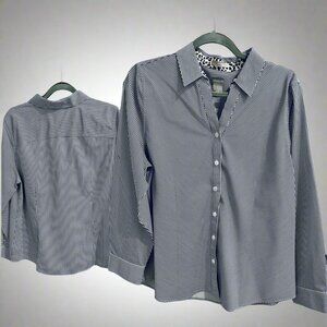 Chicos Black, White Pinstripe Blouse with Leopard Color and Cuff Accents (M)